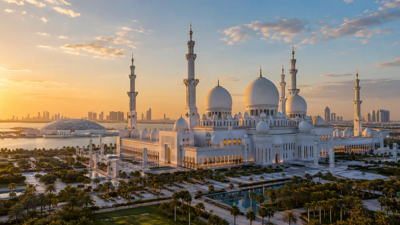 Sheikh Zayed Grand Mosque, Louvre Abu Dhabi and the Abu Dhabi skyline